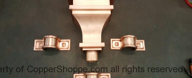 Old World 1 Copper Leader Box with Radmont Radius Ornamental Decorative Downspout Bands