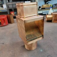 20220814_183252 Brasstonian AutoClears with Standard Rod Packs Leaf Debris Diverter Filter Screens Cleanouts for 4" by 3" Rectangular Copper Downspouts