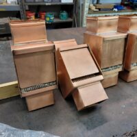 Custom Brasstonian AutoClears with Standard Rod Packs Leaf and Debris Diverter Filter Screens Cleanouts for Custom Rectangular Copper Downspouts