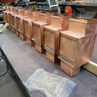 Custom Brasstonian AutoClears with Standard Rod Packs Leaf and Debris Diverter Filter Screens Cleanouts for Custom Rectangular Copper Downspouts
